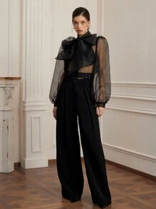 Aveloria Rosie Women's Romantic French Style Organza Sheer Sexy Tied Bow Puff Sleeve Blouse Top, Spring/Summer Fashion Fall Cloth For Women - Black - View 6