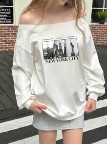 SHEIN Unity 1 件纽约地标印花不对称领口运动衫 - 白色 - 查看 3