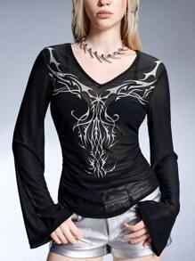 ROMWE Grunge Punk Y2K Sexy Metallic Skeleton Wing Print Women Fitted Waist Sheer Mesh Base Layer T-Shirt - Black - View 3