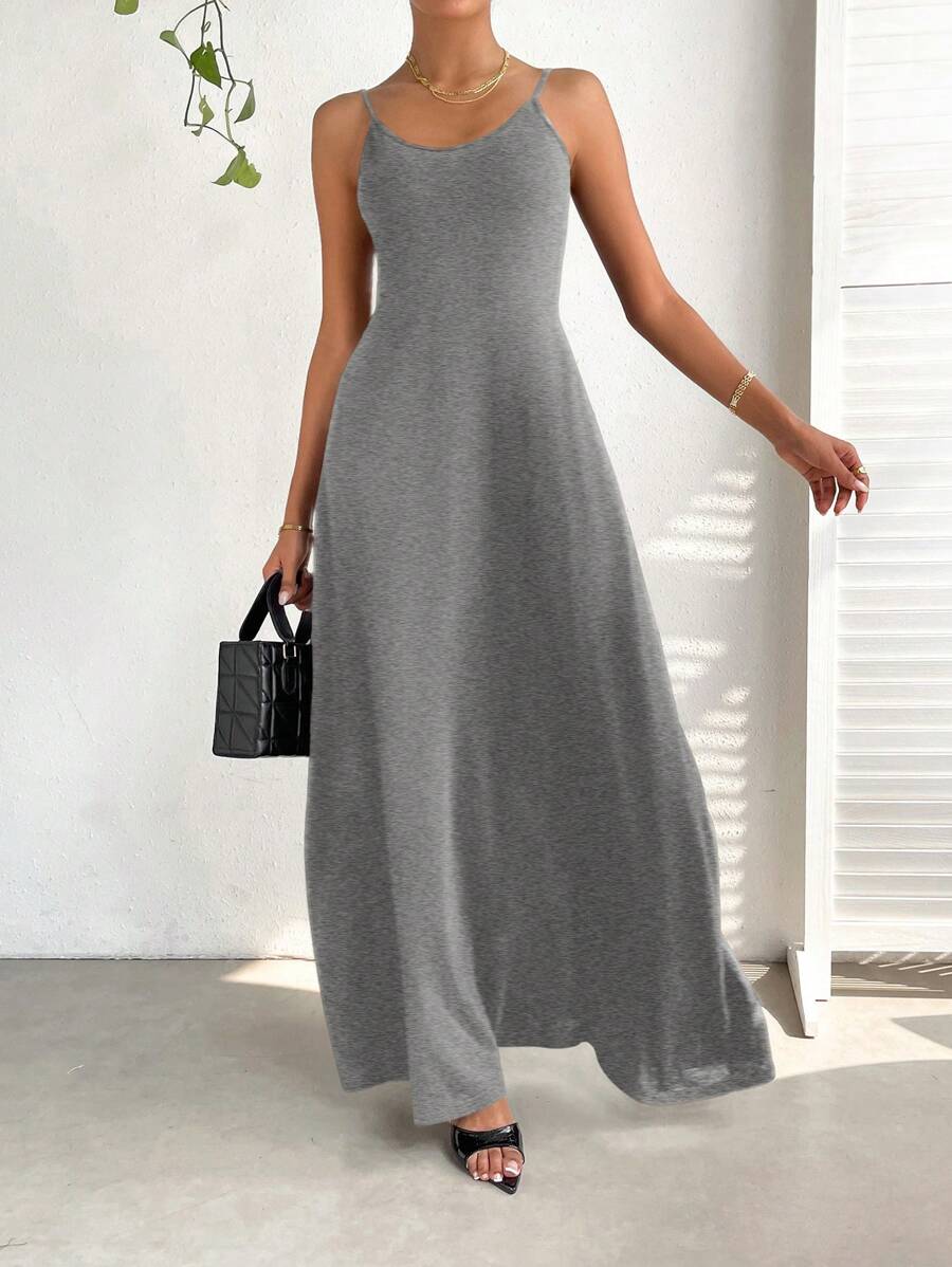 SHEIN Essnce 休闲简约纯色露背细肩带连衣裙 - 淺灰色 - 查看 1