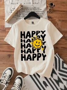 Attitoon 休闲简约笑脸图案圆领短袖宽松女式 T 恤，棉混纺，适合夏季 - 杏色 - 查看 1