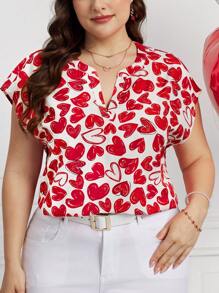 SHEIN Clasi Valentine's Day Plus Size V-Neck Short Sleeve Allover Heart Print Casual Blouse, Everyday Wear,Spring/Summer Outfits For Women - Multicolor - View 2