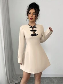 Calvaya Apricot Colored A-Line Dress With Mandarin Button Decoration, Waist Gathered