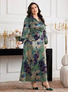 Modelyn Plus Size Women Tie-Dye Print Collar Lantern Sleeve Elegant Dress - Multicolor - View 6