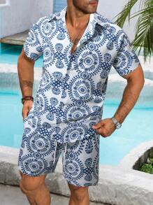 Manfinity RSRT 2pcs Digital Print Short Sleeve Shirt And Shorts Set, Simple Stylish Casual Everyday Wear - Multicolor - View 1