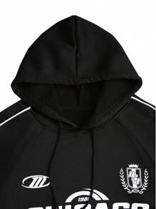 Manfinity EMRG Men Autumn Letter Print Raglan Sleeve Hooded Sweatshirt With Drawstring And Pocket - Black - View 3