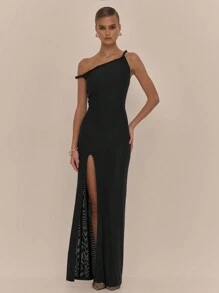 MUSERA Asymmetrical Shoulder Side Split Maxi Dress Spring Wedding Guest, Graduation, Elegant, Ibiza Holiday Beach  Party Elegant  Chic - Black - View 1