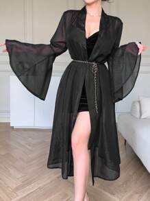 DAZY Áo sơ mi nữ dài vừa phải, tay bèo nhún trơn, thanh lịch, quần áo nữ mùa thu, áo dài tay - màu đen - Xem 3