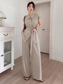 DAZY 2 件套女士无袖束带衬衫和阔腿裤教师装