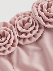 SHEIN MOD Off-The-Shoulder 3D Floral Waist Flared Pink Dress - Pink - View 3