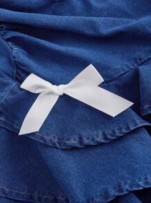 SHEIN MOD 女士褶饰蝴蝶结多层荷叶边牛仔吊带连衣裙 - 中等水洗藍 - 查看 3