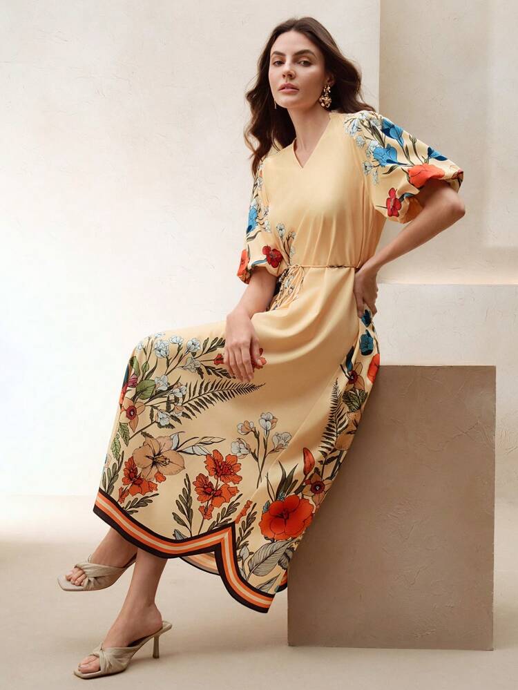 Women V-Neck Ruffle Lantern Sleeve Casual Floral Print Dress