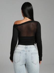 VaVaBold Sexy Black Asymmetric Shoulder Mesh Patchwork Ruched Women's Bodysuit Fall Cloth For Women - Black - View 2