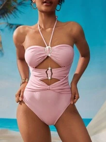 Swim Chiccia 1/2 Cup Bandeau Hollow-Out Elegant And Sexy One-Piece Swimsuit Summer - Pink - View 6