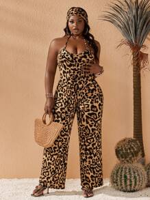 Slaydiva Plus Size Women Leopard Print Deep V-Neck Open Back Halter Jumpsuit - Multicolor - View 2