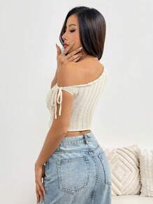 SHEIN Unity Fashion Casual Versatile Apricot Tie Strap Hollow Out Fitted Knit Sweater Top For Women, Spring - Apricot - View 2