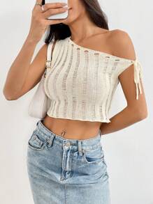 SHEIN Unity Fashion Casual Versatile Apricot Tie Strap Hollow Out Fitted Knit Sweater Top For Women, Spring - Apricot - View 4