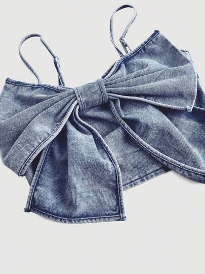 SHEIN MOD Áo denim cổ điển dành cho nữ, màu hồng, nơ ngọt ngào, áo hai dây