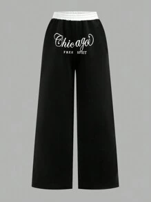 SHEIN 2 peças/conjunto adolescentes meninas moletom gráfico solto e calças de perna larga com bloqueio de cores terno casual