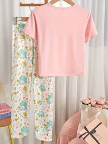 2pcs/Set Cute Avocado Pattern Crew Neck Short Sleeve Top And Pants, Fashionable & Comfortable, Sleepwear For Tween Girls Girls Pajamas Sets Summer Teen Girl Pajama Set Girl Spring Sets Cute Pjs Set Girls Lounge Set - Pink - View 2