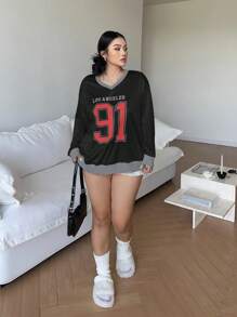 POPSWAY Plus Size Women Satin Contrast Color Numeric Print V-Neck Casual Sweatshirt, Autumn/Winter Pullover Fall - Black - View 6