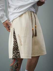 DAZY Herren beige farbblockige Patchwork Shorts, Sommer Leoparden Muster Urlaub - Beige - Übersicht 1