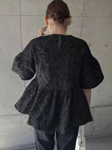 FRIFUL Women's Black Textured Puff Sleeve Blouse, Summer Clothing - Black - View 5