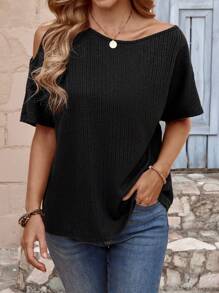 SHEIN LUNE 女士纯色不对称领口短袖休闲 T 恤