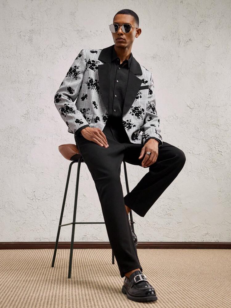 メンズ ブラック ハウンドトゥース フローラルプリント パッチワーク コントラストカラー スリムフィット ショートカジュアルスーツセット 2点、オフィス & デイリーウェア、秋冬適用