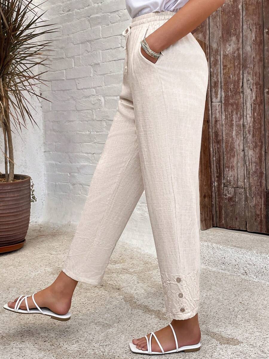 EMERY ROSE 女士纯色抽绳腰带口袋宽松休闲裤 - 杏色 - 查看 1