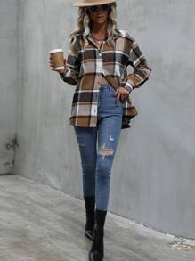 SHEIN LUNE Camisa de manga larga con cuello a cuadros en color caqui, casual y para uso diario