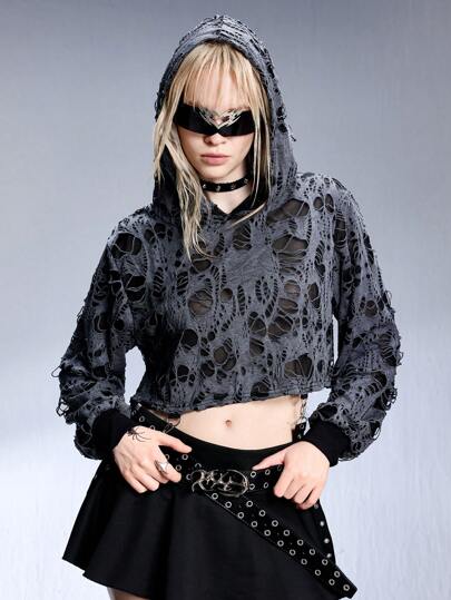 Grunge Punk Loose Street Style Ripped Distressed See-Through Drawstring Hoodie For Women Graduation,Back To School Outfits,Graduation,Teacher Outfits For Women,Back To School