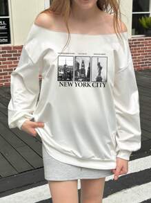 SHEIN Unity 1 件纽约地标印花不对称领口运动衫 - 白色 - 查看 4