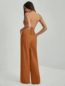 SHEIN Tall Áo thun hở lưng cổ chữ V không tay + quần ống rộng, bộ đồ bó và dài cho nữ công sở - màu nâu - Xem 2