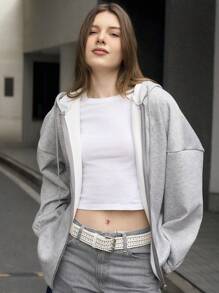 Jouncy 女士休闲纯色抽绳连帽羊毛运动衫，秋冬 - 灰色 - 查看 5