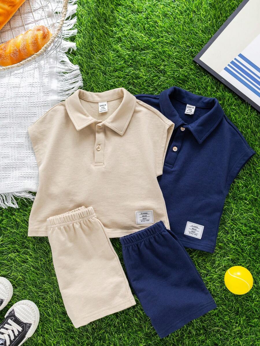 SHEIN 2 件装男婴/女婴装饰按扣针织柔软连帽上衣和松紧腰短裤套装