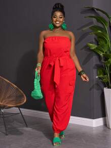 Slaydiva 大码女式休闲纯色连体裤，配有口袋、抽绳腰部和抹胸上衣