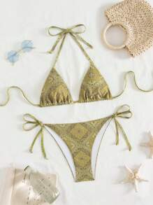 SHEIN Swim 2pcs/Set Floral & Leopard Print Sexy Bandage Bikini Swimwear For Women, For Summer Beach Vacation