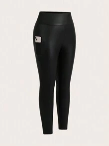SHEIN Essnce Pantalón de 2 piezas de novia para mujer de talla grande, estilo empresarial casual para primavera y verano, con bolsillo para teléfono móvil, ajuste ceñido en piel sintética negra