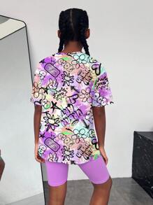 SHEIN Conjunto de 2 piezas de camiseta de manga corta y pantalones cortos casuales y minimalistas para niña preadolescente, apto para el verano - Blanco - Ver 2