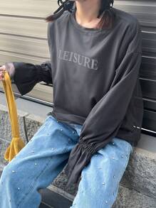 FRIFUL Women Oversized Grey Letter Print T-Shirt With Mesh Patchwork, Spring,Fall Clothes Long Sleeve Women Tops - Grey - View 5