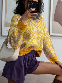 SHEIN Unity Pullover Sweater, Long Sleeve, Minimalist Fashion, Casual Daily Wear - Yellow - View 1