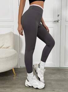 SHEIN Unity Women's Grey High-Waisted Leggings With Contrast Pink Waistband Detail Fall Cloth For Women - Multicolor - View 4