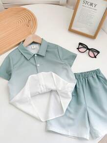 SHEIN Leap Crew 2pcs/Set Young Boy Gradient Short Sleeve T-Shirt And Shorts Set - Mint Green - View 4
