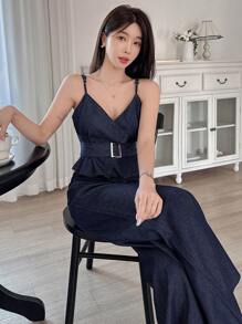 DAZY 女士 V 领交叉吊带背心 + 阔腿牛仔裤两件套 - 深色水洗藍 - 查看 8