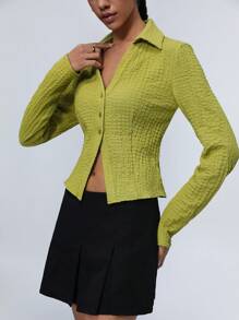 GENKIRA Blusa ajustada con cuello en V, diseño de abertura, textura de burbuja en verde amarillento, corte 2025 - Verde - Ver 4