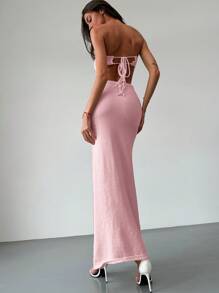 Aloruh Apricot Beach Resort Romantische Date Tube Top Met 3D Bloemen Stropdas + Lage Taille Maxi Lengte 3D Bloemen Rok 2-delige Set Voor Vrouwen