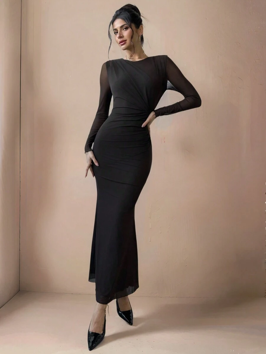 Firerie Neues elegantes, simples, modisches Berufs-Sexy-Party-Kleid mit braunem Netz-Volant an Schulter und Taille, figurschmeichelndes langes Kleid, perfekt für Valentinstag - Braun - Übersicht 1