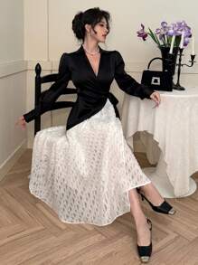 DAZY 女士缎面纹理面料拼色长袖翻领连衣裙，秋季服装 - 黑與白 - 查看 8