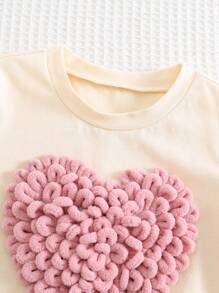 Cozy Pixies 女婴可爱心形泡泡针柔软针织圆领短袖套头衫，女孩情人节装扮，情人节礼物，适合休闲、居家、百搭穿着，室内和室外 - 杏色 - 查看 4